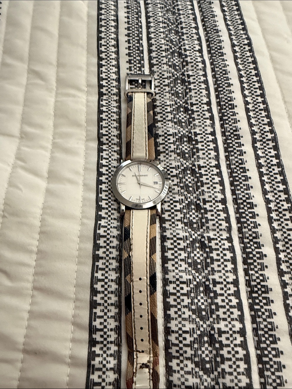 Burberry Silver Case Watch with Beige and Black Patterned Strap